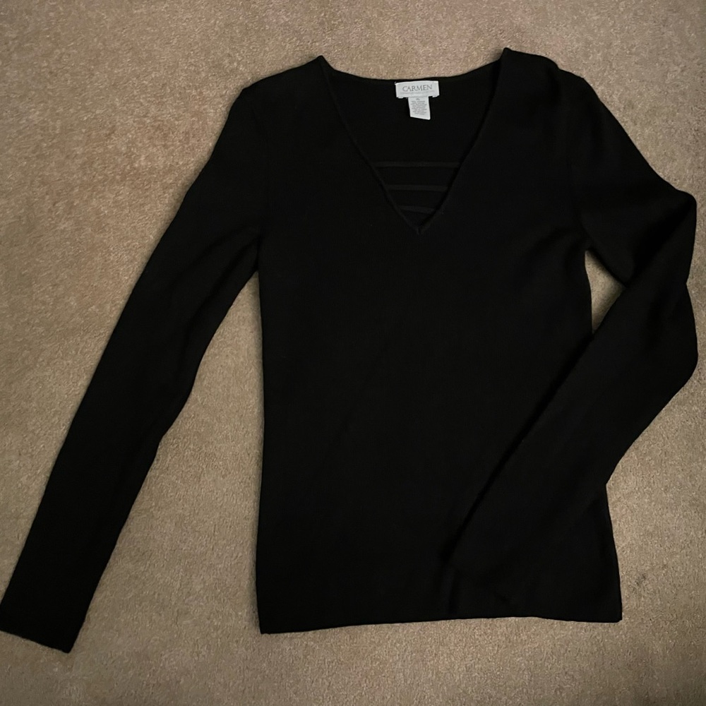 Long Sleeve V-neck Black Top XL